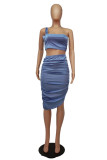 Sky Blue Fashion Sexy Solid Backless Asymmetrical One Shoulder Sleeveless Two Pieces