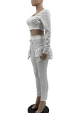White Casual Solid Patchwork Flounce O Neck Long Sleeve Two Pieces