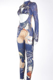 Green Street Print Patchwork Tie-dye O Neck Long Sleeve Two Pieces