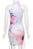 White Sexy Print Draw String Half A Turtleneck Pencil Skirt Dresses
