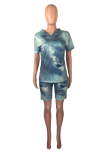 Green Casual Patchwork Tie-dye Hooded Collar Short Sleeve Two Pieces