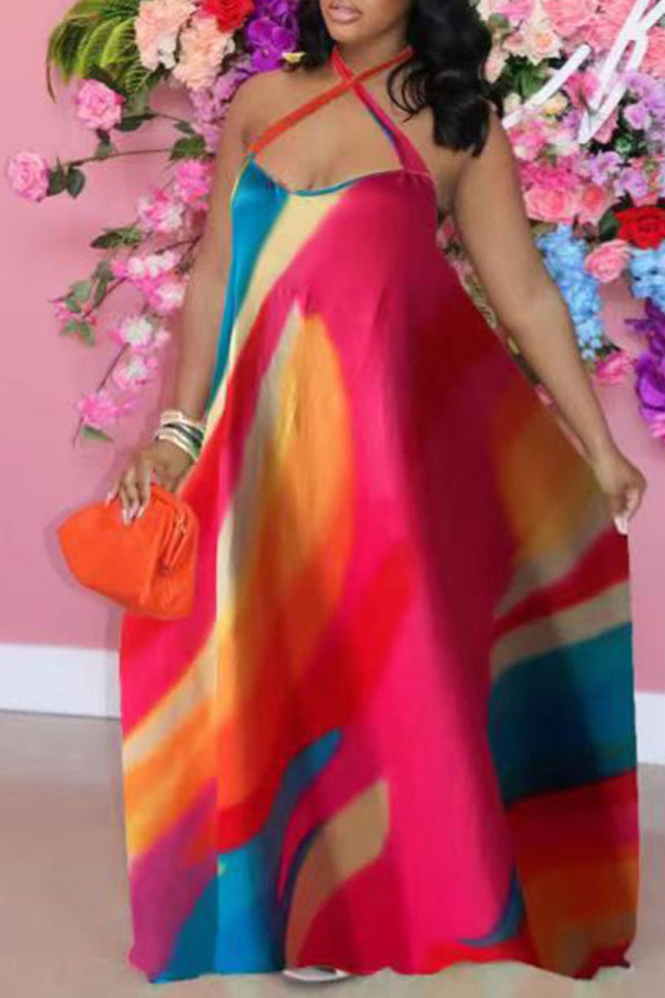 Multicolor Sexy Print Patchwork Halter Straight Dresses