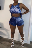 Blue Fashion Casual Print Tie-dye O Neck Sleeveless Two Pieces