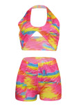 Pink Sexy Print Patchwork Backless Halter Sleeveless Two Pieces