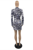 Grey Fashion Casual Print Basic Half A Turtleneck Long Sleeve Dresses