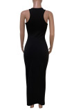 Black Casual Daily Solid Split Joint V Neck A Line Dresses