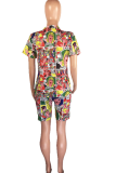 Multicolor Casual Print Patchwork V Neck Short Sleeve Two Pieces