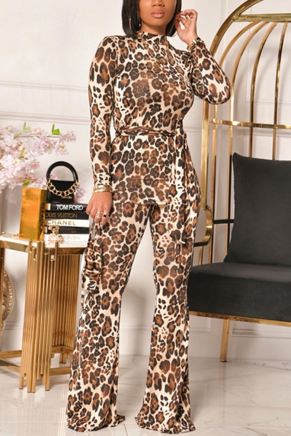Brown Fashion Casual Leopard Basic Half A Turtleneck Long Sleeve Two Pieces（Without Belt）