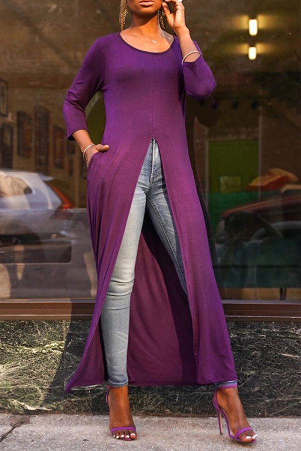 Purple Casual Solid High Opening O Neck Straight Dresses