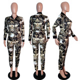 Black Fashion Casual Print Basic Zipper Collar Long Sleeve Two Pieces