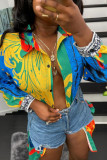 Yellow Red Street Print Patchwork Buckle Shirt Collar Tops