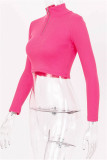 Rose Red Fashion Casual Solid Basic Zipper Collar Tops