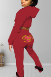 Red Sexy Print Letter Hooded Collar Long Sleeve Two Pieces