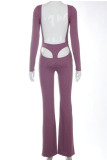 Purple Fashion Sexy Solid Backless O Neck Regular Jumpsuits