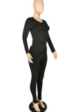 Black Fashion Casual Adult Solid Fold O Neck Long Sleeve Regular Sleeve Regular Two Pieces