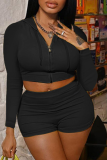 Black Sexy Solid Patchwork Hooded Collar Long Sleeve Two Pieces