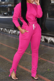 Pink Casual Solid Draw String O Neck Long Sleeve Two Pieces