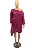 Wine Red Sexy Fashion One Shoulder Long Sleeves One word collar Lantern skirt Knee-Length chain Pat