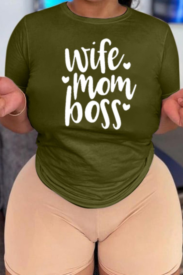 Army Green Fashion Casual Letter Print Basic O Neck T-Shirts