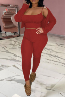 Red Sexy Casual Solid Split Joint Spaghetti Strap Long Sleeve Three Pieces