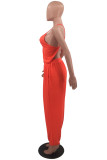 Tangerine Red Sexy Casual Solid Backless Spaghetti Strap Regular Jumpsuits