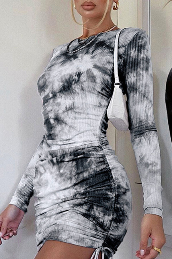 Grey Sexy Print Patchwork Frenulum Tie-dye O Neck Pencil Skirt Dresses