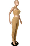 Khaki Fashion Sexy Solid Hollowed Out Turtleneck Sleeveless Two Pieces