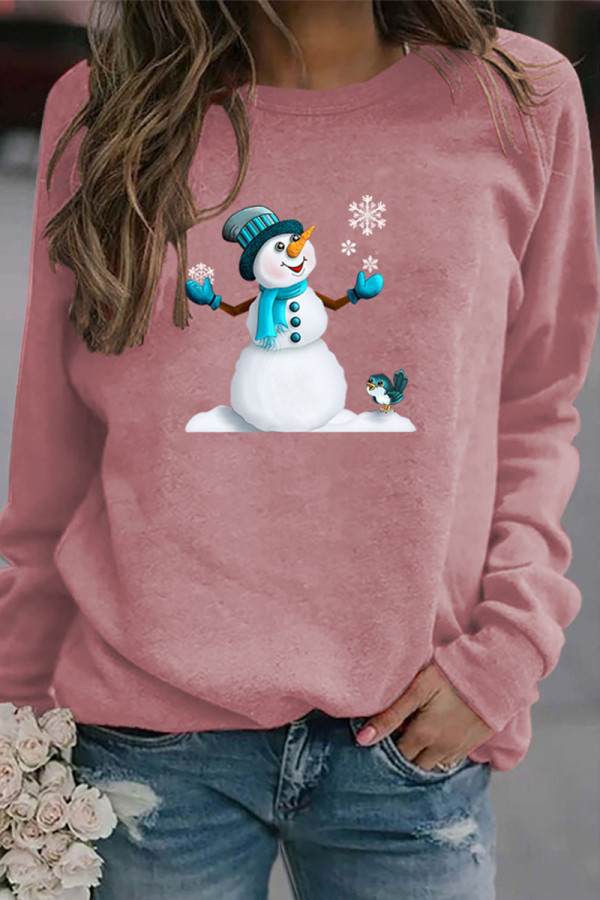 Rose Gold Casual Snowman Printed Draw String O Neck Tops