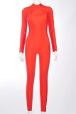 Red Fashion Solid Patchwork O Neck Regular Jumpsuits