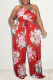 Red Fashion Casual Print Backless One Shoulder Regular Jumpsuits