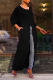 Blue Casual Solid High Opening O Neck Straight Dresses