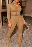 Khaki Fashion Casual Solid Basic Zipper Collar Long Sleeve Two Pieces