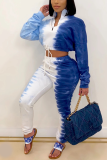 Blue Casual Print Tie-dye Turndown Collar Long Sleeve Two Pieces