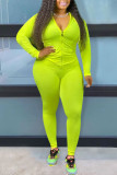 Fluorescent Green Casual Solid Hooded Collar Long Sleeve Two Pieces