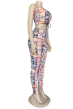Brown Sexy Plaid Patchwork O Neck Sleeveless Two Pieces