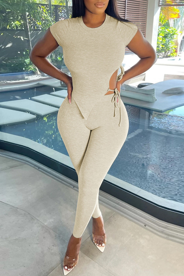 Apricot Fashion Casual Solid Bandage Asymmetrical O Neck Short Sleeve Two Pieces