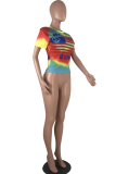 Multicolor Casual Patchwork Tie-dye Letter O Neck Tops