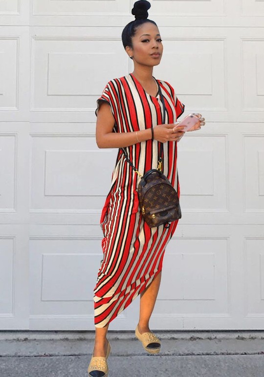 Red Casual O-Neck Short Sleeve Loose Middle length skirt Print Dresses