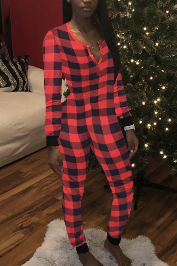 Red Sexy Plaid Patch V Neck Skinny Jumpsuits