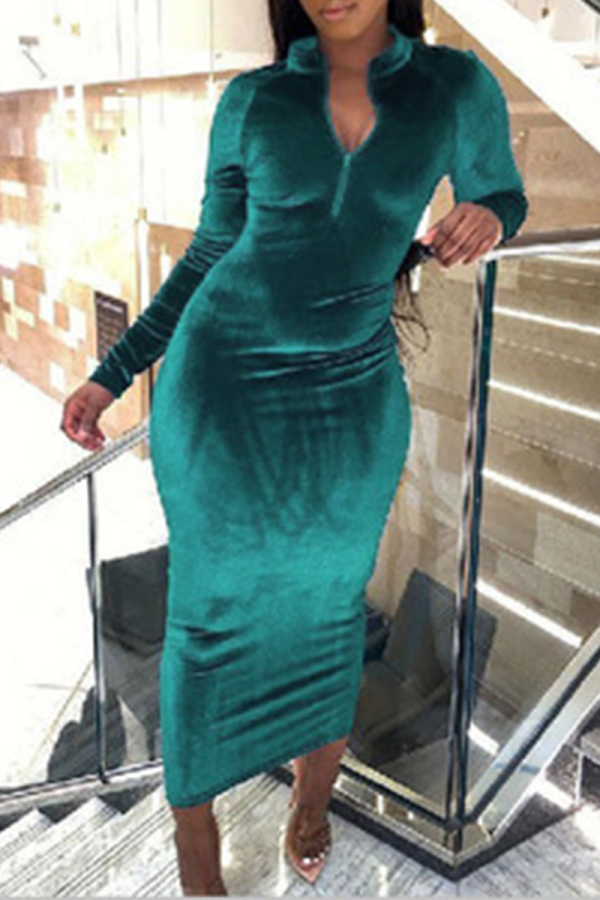 Green Street Solid Patchwork Zipper Collar Pencil Skirt Dresses