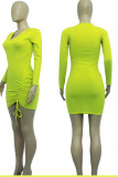 Blue Casual Solid Patchwork Draw String Fold Asymmetrical V Neck Irregular Dress Dresses