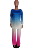 Royal Blue Casual Print Tie-dye O Neck Long Sleeve Two Pieces