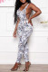 White Sexy Casual Print Basic O Neck Sleeveless Skinny Jumpsuits
