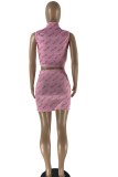 Pink Sexy Print Patchwork Half A Turtleneck Sleeveless Two Pieces