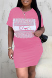 Pink Fashion Sexy Regular Sleeve Short Sleeve O Neck Short Sleeve Dress Knee Length Print Dresses