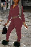 Red Fashion Casual Solid Basic Hooded Collar Long Sleeve Two Pieces