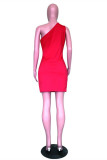 Red Fashion Sexy Solid Hollowed Out Backless One Shoulder Sleeveless Dress