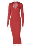 Red Sexy Solid Basic Turndown Collar Long Sleeve Dresses