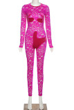 Rose Red Sexy Patchwork Hollowed Out O Neck Skinny Jumpsuits