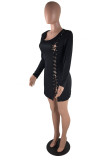 Black Sexy Solid Hollowed Out V Neck A Line Dresses